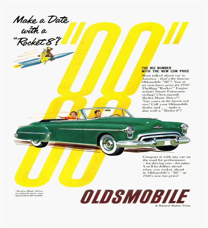 Yellow Vintage Print Ad Hydra-Matic 1950 Oldsmobile 88 Rocket